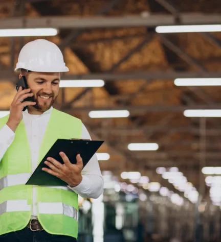 Young man engineer working on factory making order on the phone Young man engineer working on factory making order on the phone